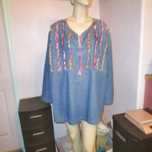 PATCHWORK Denim Chambray Size 4X BLOUSE Tunic Top TASSEL Applique 3/4 SLEEVES - Picture 1 of 11